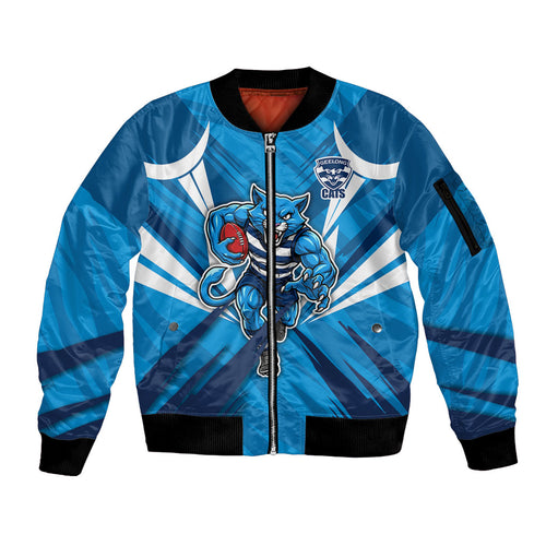 Geelong Cats Australian Football Sleeve Zip Bomber Jacket Fierce Wildcat Mascot - Bold Team Colors