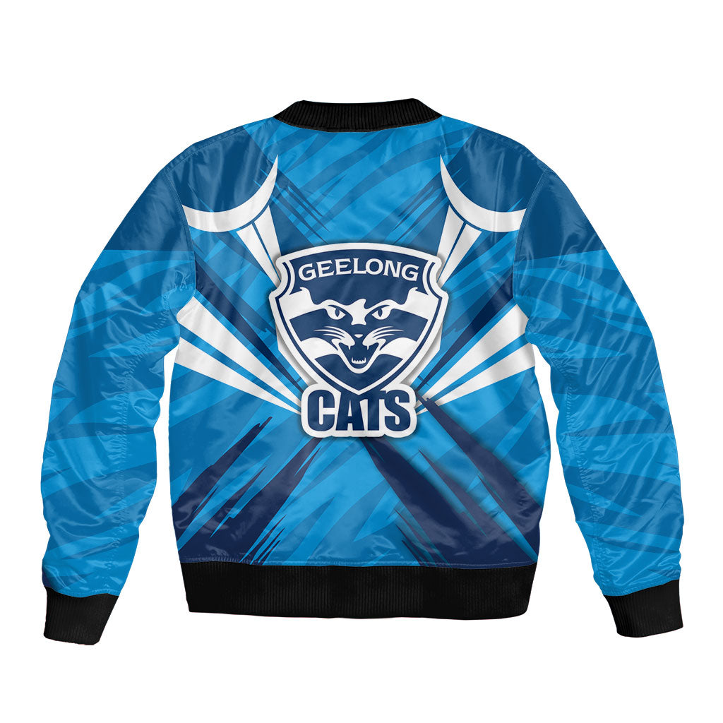 Geelong Cats Australian Football Sleeve Zip Bomber Jacket Fierce Wildcat Mascot - Bold Team Colors