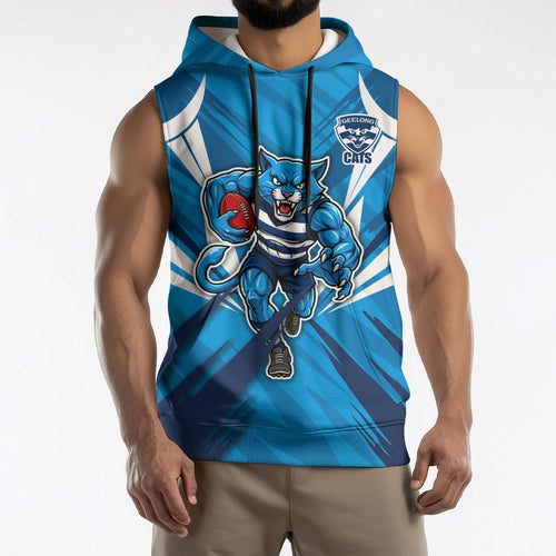 Geelong Cats Australian Football Sleeveless Hoodie Fierce Wildcat Mascot - Bold Team Colors