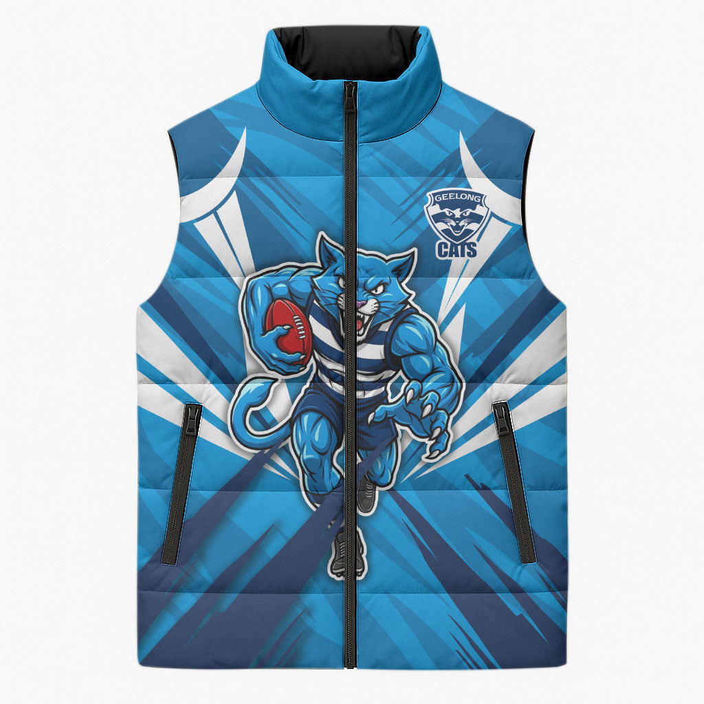 Geelong Cats Australian Football Sleeveless Puffer Jacket Fierce Wildcat Mascot - Bold Team Colors
