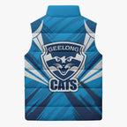 Geelong Cats Australian Football Sleeveless Puffer Jacket Fierce Wildcat Mascot - Bold Team Colors
