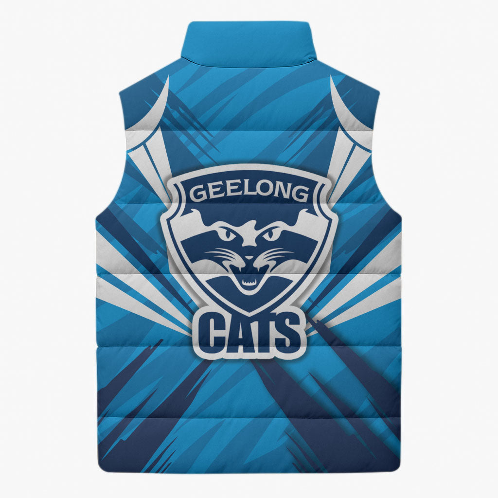 Geelong Cats Australian Football Sleeveless Puffer Jacket Fierce Wildcat Mascot - Bold Team Colors