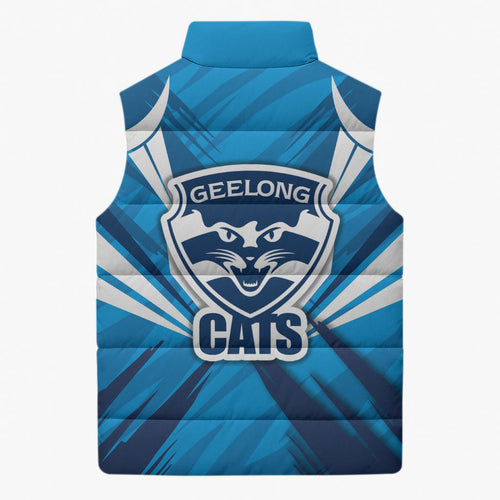Geelong Cats Australian Football Sleeveless Puffer Jacket Fierce Wildcat Mascot - Bold Team Colors