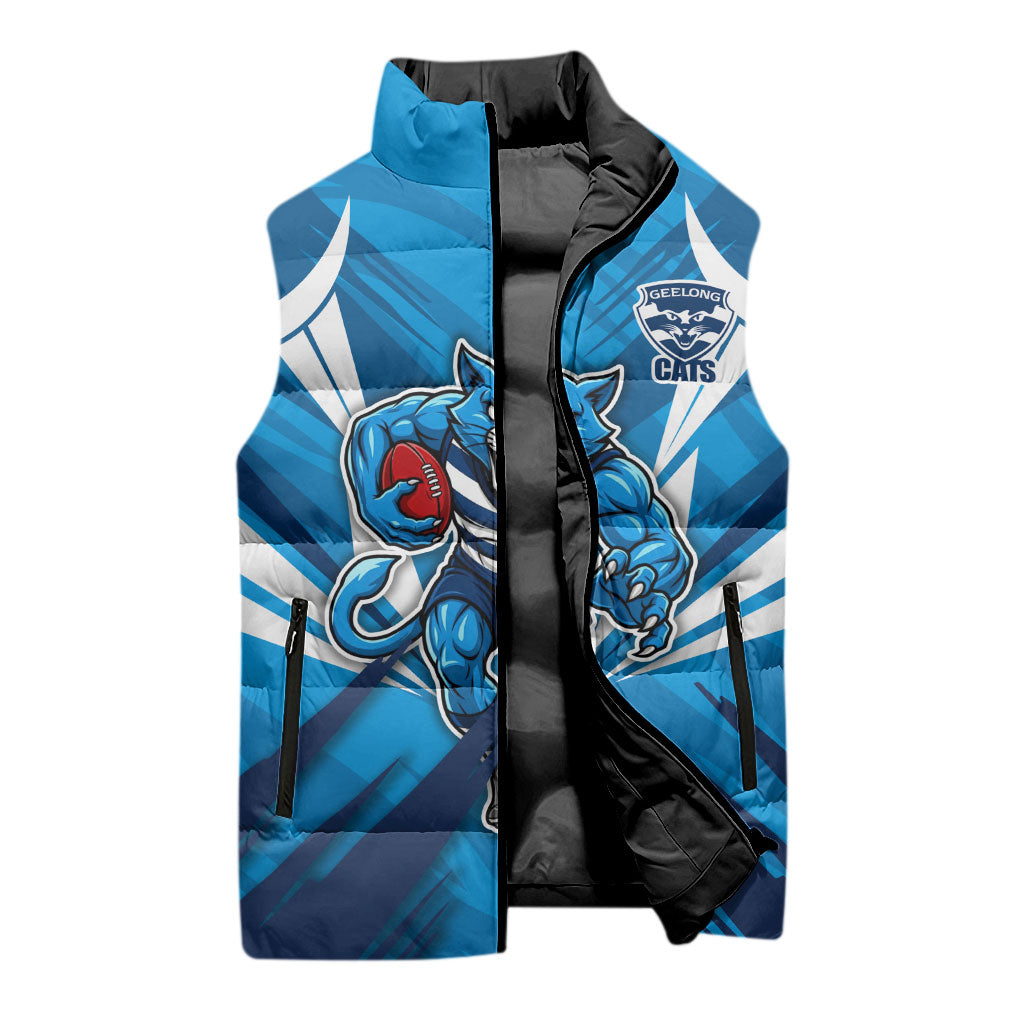 Geelong Cats Australian Football Sleeveless Puffer Jacket Fierce Wildcat Mascot - Bold Team Colors