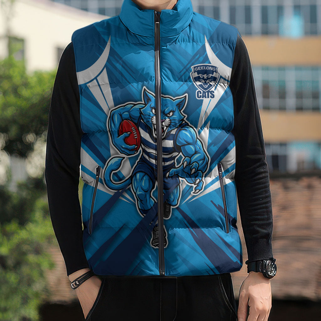 Geelong Cats Australian Football Sleeveless Puffer Jacket Fierce Wildcat Mascot - Bold Team Colors