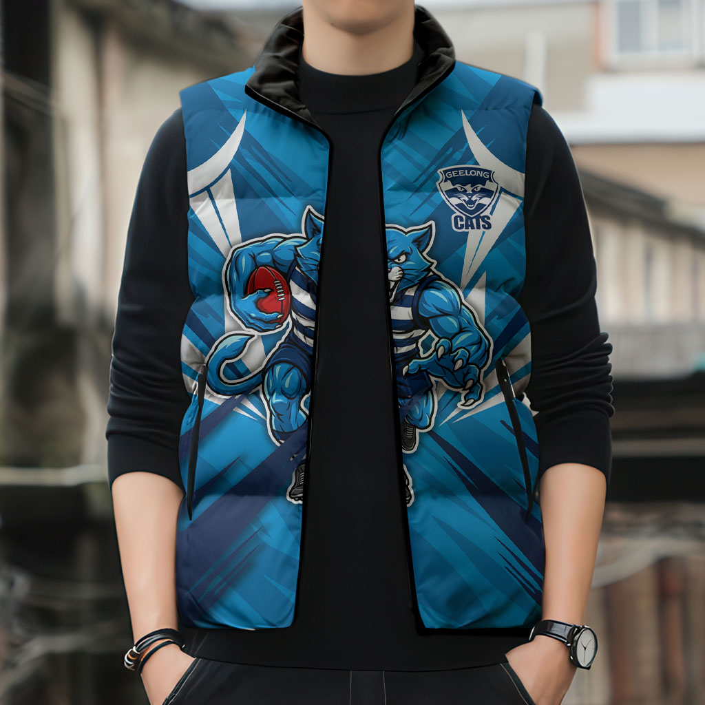 Geelong Cats Australian Football Sleeveless Puffer Jacket Fierce Wildcat Mascot - Bold Team Colors