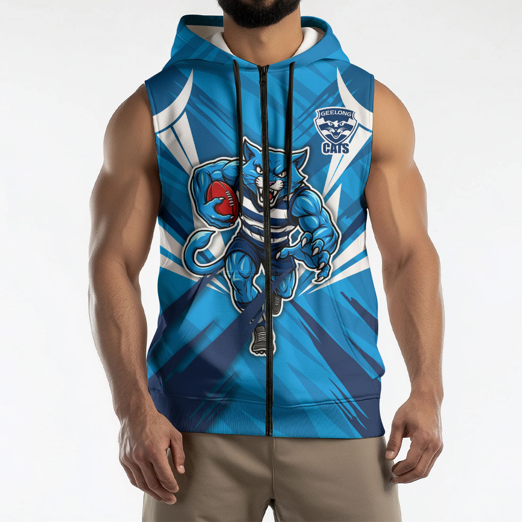 Geelong Cats Australian Football Sleeveless Zip Hoodie Fierce Wildcat Mascot - Bold Team Colors
