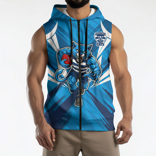 Geelong Cats Australian Football Sleeveless Zip Hoodie Fierce Wildcat Mascot - Bold Team Colors