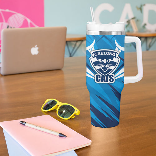 Geelong Cats Australian Football Tumbler With Handle Fierce Wildcat Mascot - Bold Team Colors