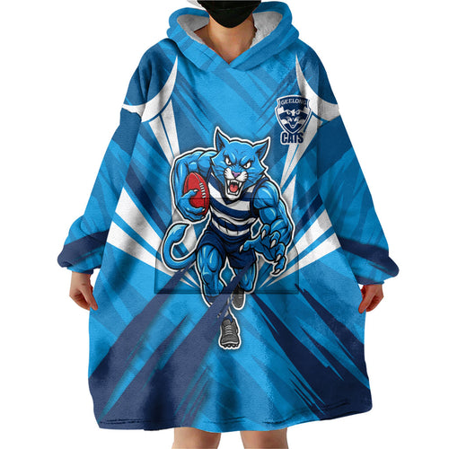 Geelong Cats Australian Football Wearable Blanket Hoodie Fierce Wildcat Mascot - Bold Team Colors