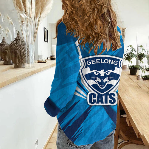 Geelong Cats Australian Football Women Casual Shirt Fierce Wildcat Mascot - Bold Team Colors
