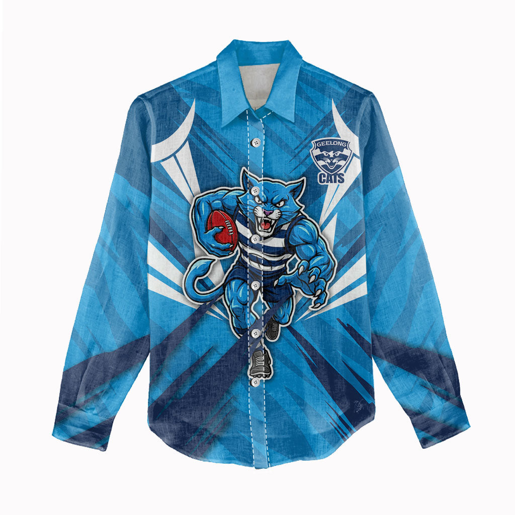 Geelong Cats Australian Football Women Casual Shirt Fierce Wildcat Mascot - Bold Team Colors