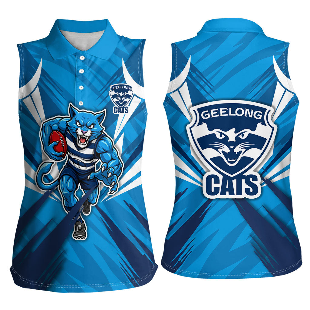 Geelong Cats Australian Football Women Sleeveless Polo Shirt Fierce Wildcat Mascot - Bold Team Colors