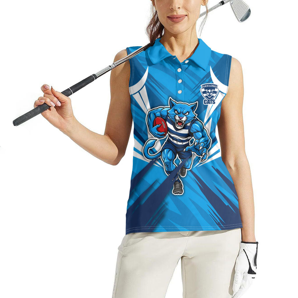 Geelong Cats Australian Football Women Sleeveless Polo Shirt Fierce Wildcat Mascot - Bold Team Colors