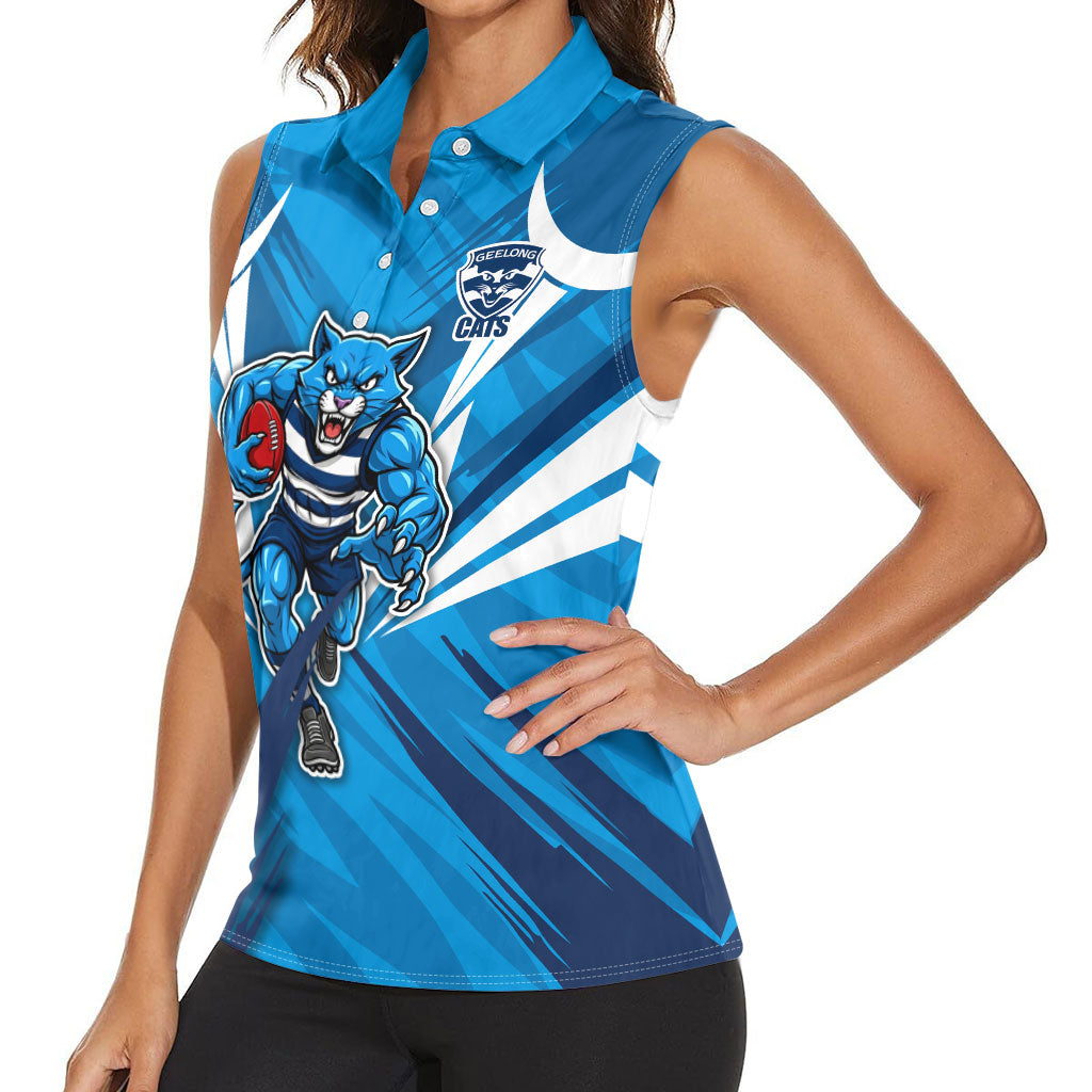 Geelong Cats Australian Football Women Sleeveless Polo Shirt Fierce Wildcat Mascot - Bold Team Colors