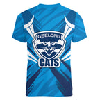 Geelong Cats Australian Football Women V-Neck T-Shirt Fierce Wildcat Mascot - Bold Team Colors