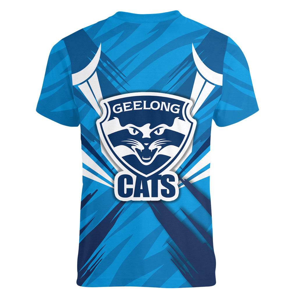 Geelong Cats Australian Football Women V-Neck T-Shirt Fierce Wildcat Mascot - Bold Team Colors