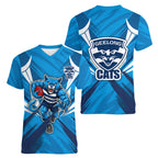 Geelong Cats Australian Football Women V-Neck T-Shirt Fierce Wildcat Mascot - Bold Team Colors