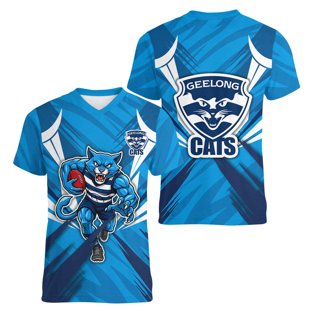 Geelong Cats Australian Football Women V-Neck T-Shirt Fierce Wildcat Mascot - Bold Team Colors