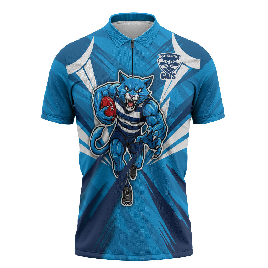 Geelong Cats Australian Football Zipper Polo Shirt Fierce Wildcat Mascot - Bold Team Colors