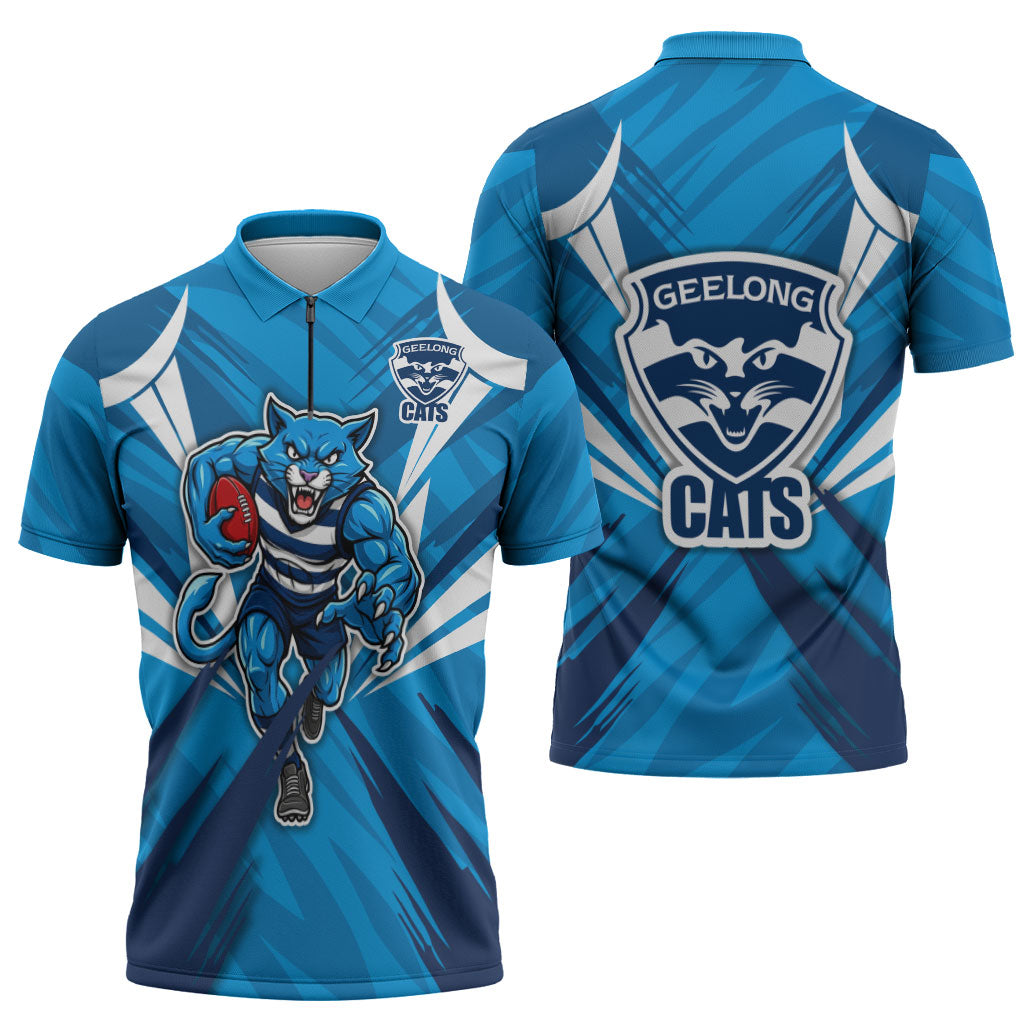 Geelong Cats Australian Football Zipper Polo Shirt Fierce Wildcat Mascot - Bold Team Colors