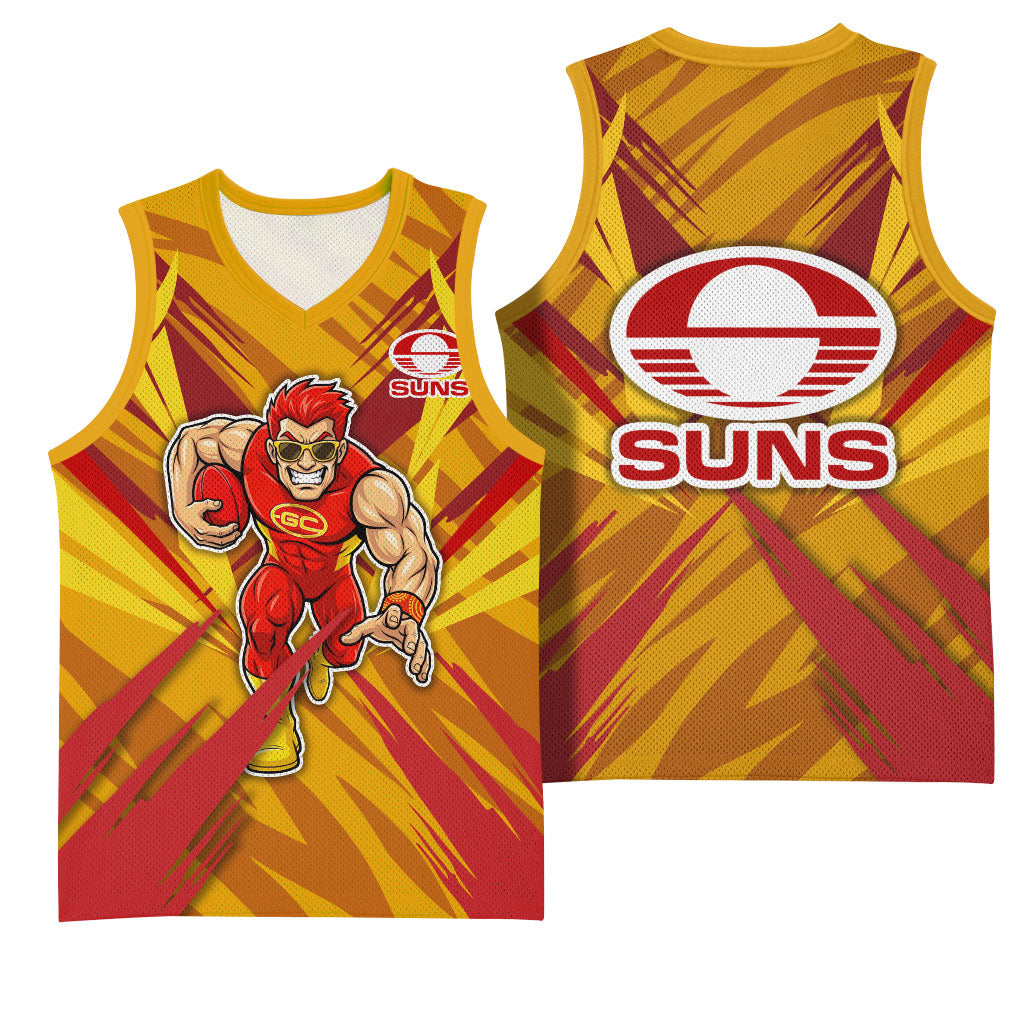 Gold Coast Suns Australian Football Basketball Jersey Heroic Solar Mascot - Bold Team Colors