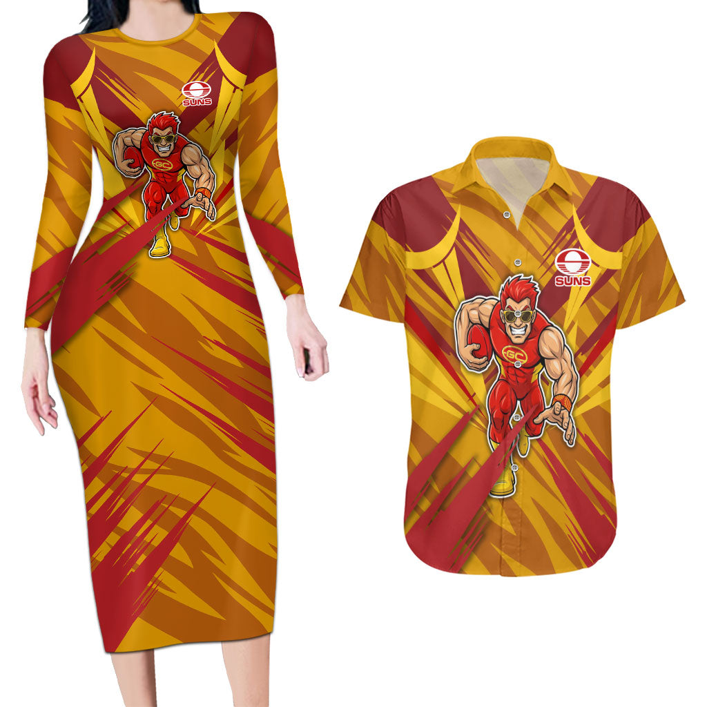 Gold Coast Suns Australian Football Couples Matching Long Sleeve Bodycon Dress and Hawaiian Shirt Heroic Solar Mascot - Bold Team Colors