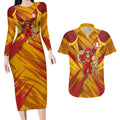 Gold Coast Suns Australian Football Couples Matching Long Sleeve Bodycon Dress and Hawaiian Shirt Heroic Solar Mascot - Bold Team Colors