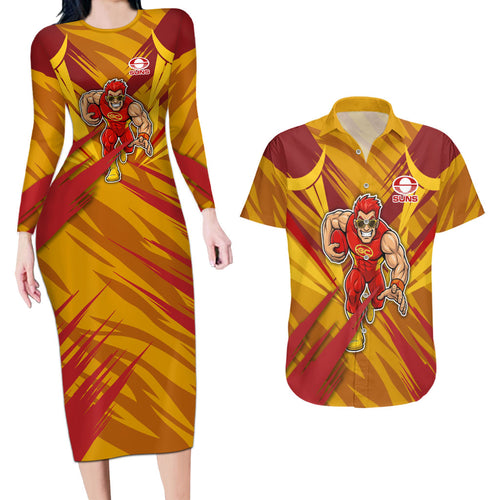 Gold Coast Suns Australian Football Couples Matching Long Sleeve Bodycon Dress and Hawaiian Shirt Heroic Solar Mascot - Bold Team Colors