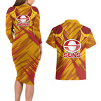 Gold Coast Suns Australian Football Couples Matching Long Sleeve Bodycon Dress and Hawaiian Shirt Heroic Solar Mascot - Bold Team Colors