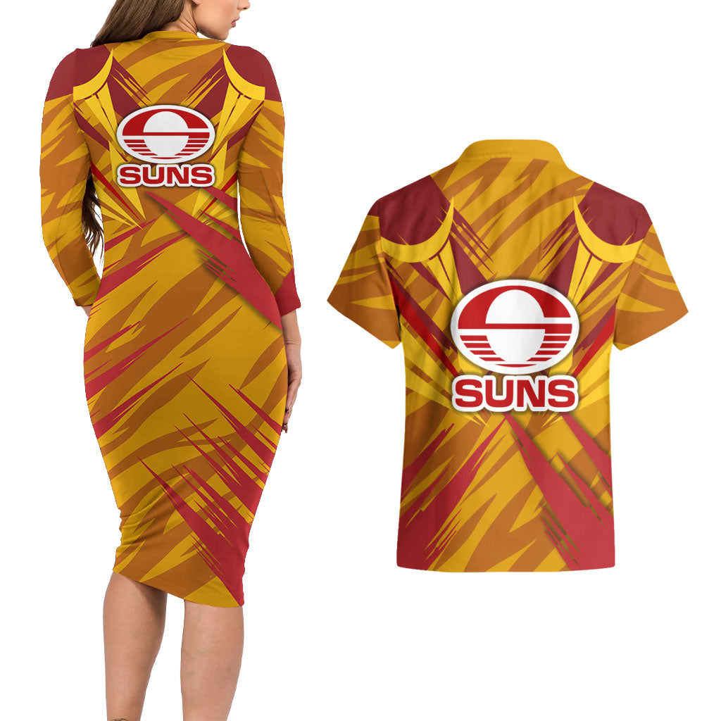 Gold Coast Suns Australian Football Couples Matching Long Sleeve Bodycon Dress and Hawaiian Shirt Heroic Solar Mascot - Bold Team Colors