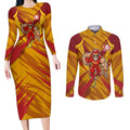 Gold Coast Suns Australian Football Couples Matching Long Sleeve Bodycon Dress and Long Sleeve Button Shirt Heroic Solar Mascot - Bold Team Colors