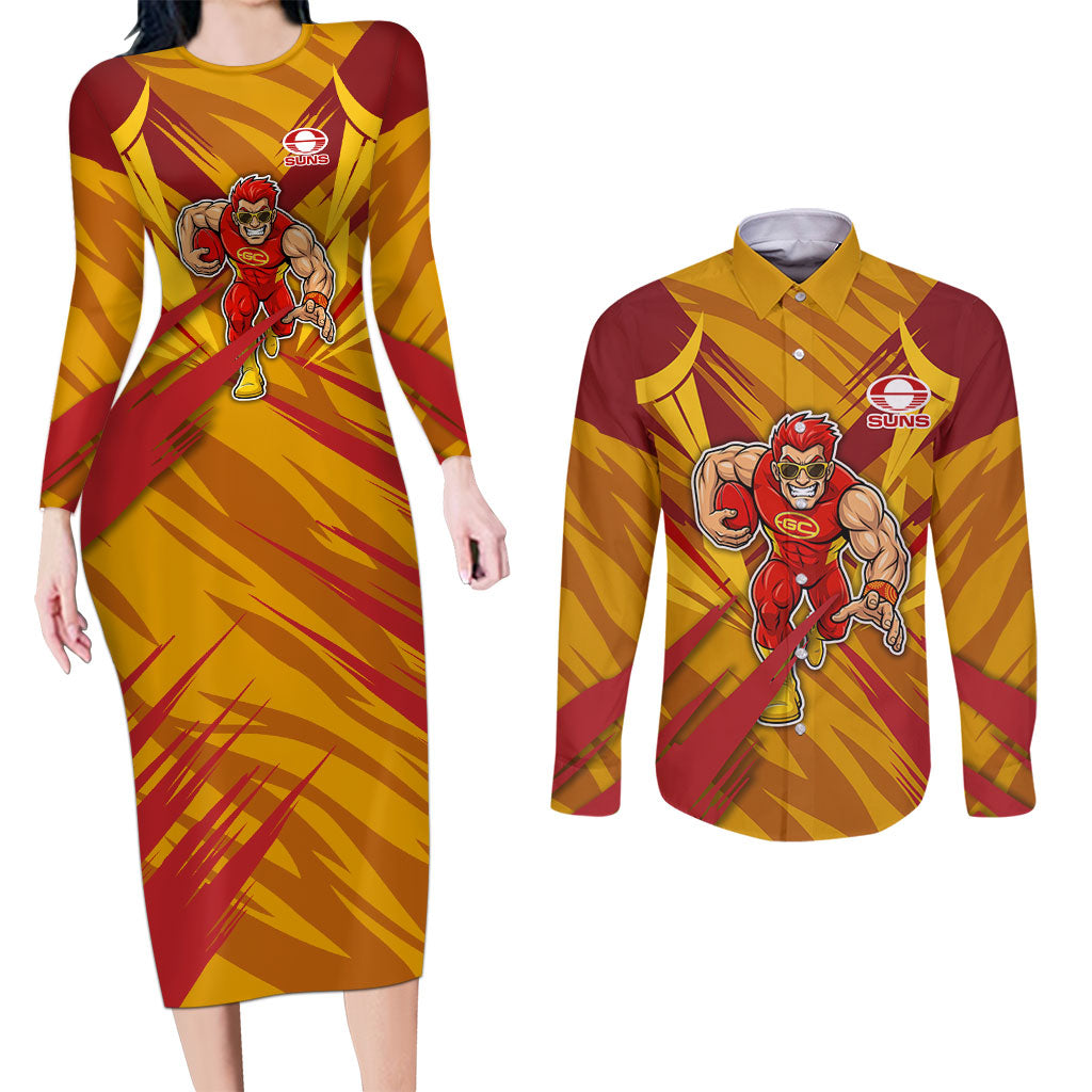 Gold Coast Suns Australian Football Couples Matching Long Sleeve Bodycon Dress and Long Sleeve Button Shirt Heroic Solar Mascot - Bold Team Colors