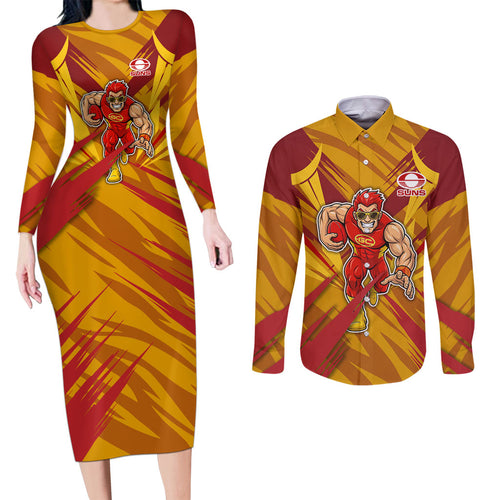 Gold Coast Suns Australian Football Couples Matching Long Sleeve Bodycon Dress and Long Sleeve Button Shirt Heroic Solar Mascot - Bold Team Colors