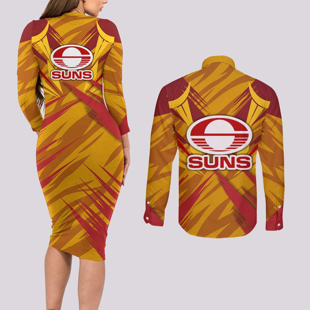 Gold Coast Suns Australian Football Couples Matching Long Sleeve Bodycon Dress and Long Sleeve Button Shirt Heroic Solar Mascot - Bold Team Colors