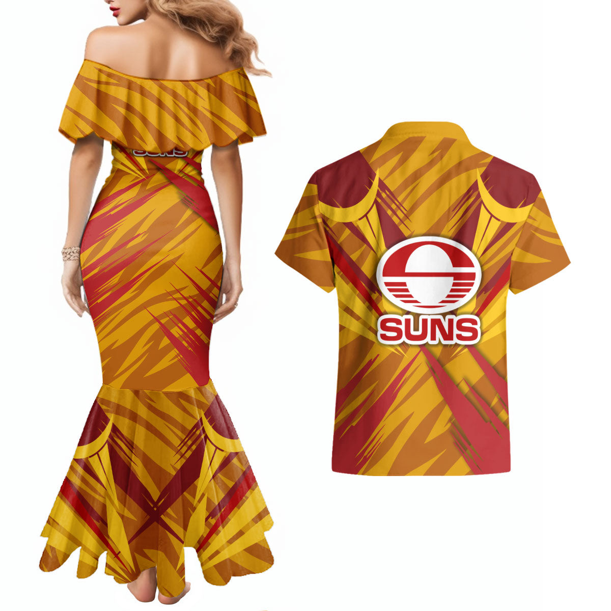 Gold Coast Suns Australian Football Couples Matching Mermaid Dress and Hawaiian Shirt Heroic Solar Mascot - Bold Team Colors