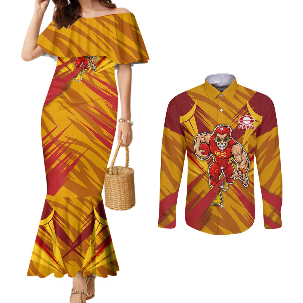 Gold Coast Suns Australian Football Couples Matching Mermaid Dress and Long Sleeve Button Shirt Heroic Solar Mascot - Bold Team Colors