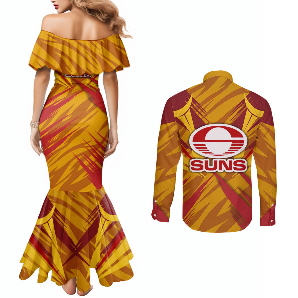 Gold Coast Suns Australian Football Couples Matching Mermaid Dress and Long Sleeve Button Shirt Heroic Solar Mascot - Bold Team Colors