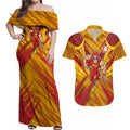 Gold Coast Suns Australian Football Couples Matching Off Shoulder Maxi Dress and Hawaiian Shirt Heroic Solar Mascot - Bold Team Colors