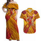 Gold Coast Suns Australian Football Couples Matching Off Shoulder Maxi Dress and Hawaiian Shirt Heroic Solar Mascot - Bold Team Colors