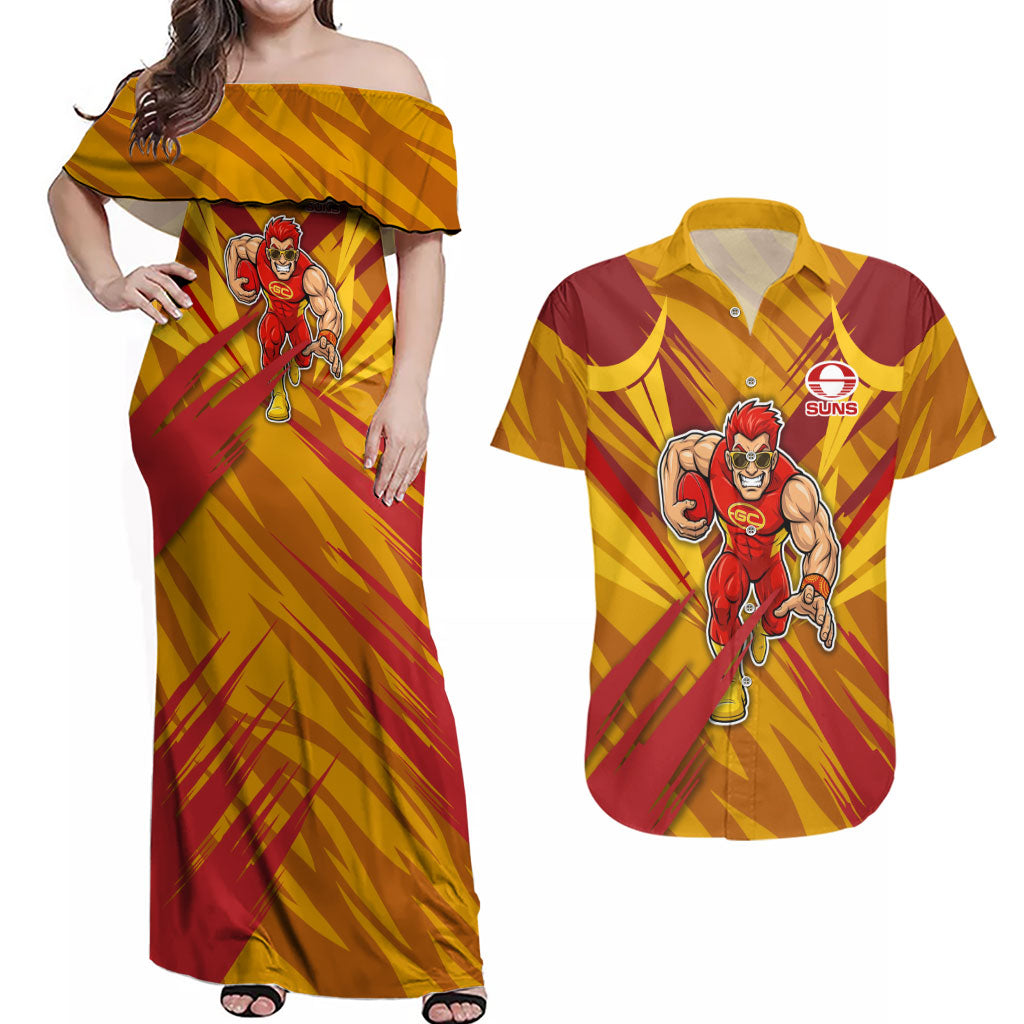 Gold Coast Suns Australian Football Couples Matching Off Shoulder Maxi Dress and Hawaiian Shirt Heroic Solar Mascot - Bold Team Colors