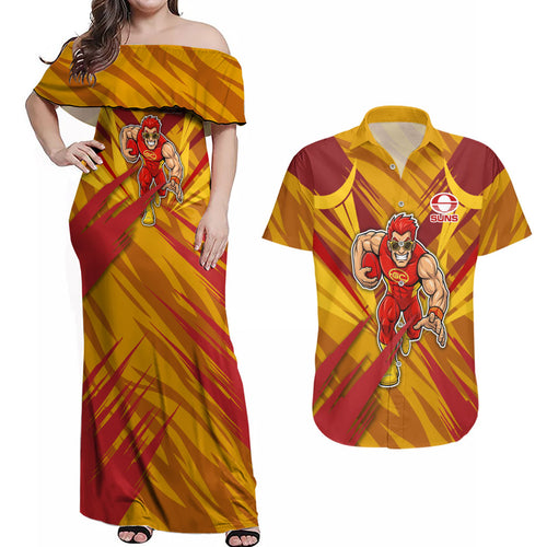 Gold Coast Suns Australian Football Couples Matching Off Shoulder Maxi Dress and Hawaiian Shirt Heroic Solar Mascot - Bold Team Colors