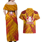 Gold Coast Suns Australian Football Couples Matching Off Shoulder Maxi Dress and Hawaiian Shirt Heroic Solar Mascot - Bold Team Colors
