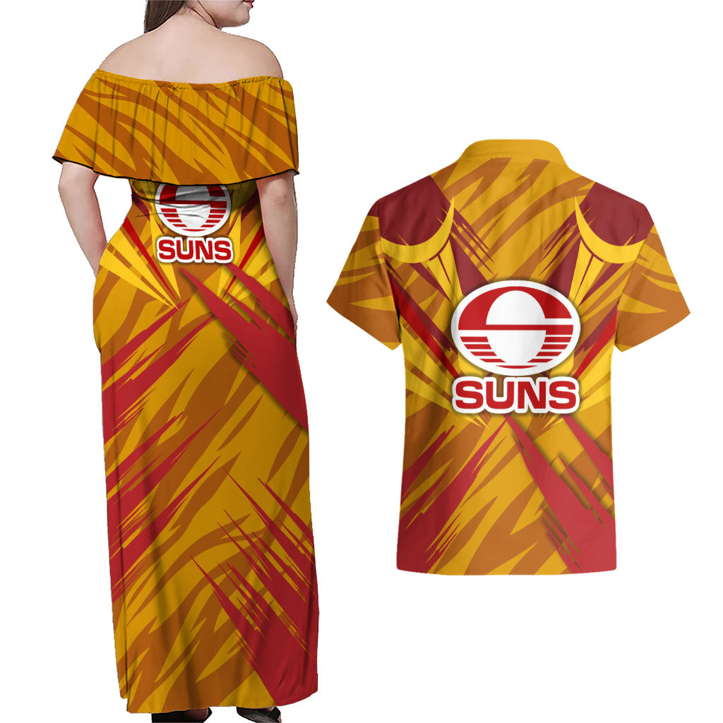 Gold Coast Suns Australian Football Couples Matching Off Shoulder Maxi Dress and Hawaiian Shirt Heroic Solar Mascot - Bold Team Colors