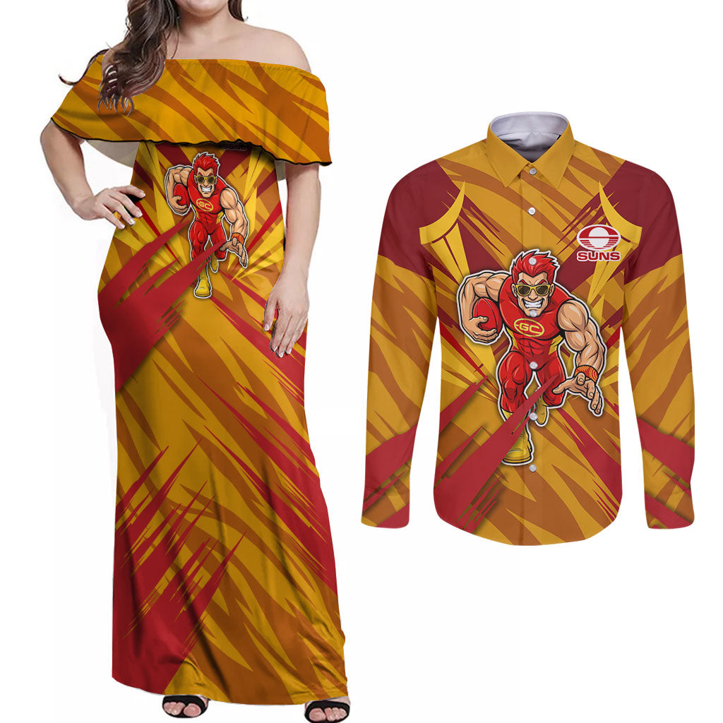 Gold Coast Suns Australian Football Couples Matching Off Shoulder Maxi Dress and Long Sleeve Button Shirt Heroic Solar Mascot - Bold Team Colors