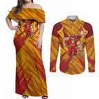 Gold Coast Suns Australian Football Couples Matching Off Shoulder Maxi Dress and Long Sleeve Button Shirt Heroic Solar Mascot - Bold Team Colors