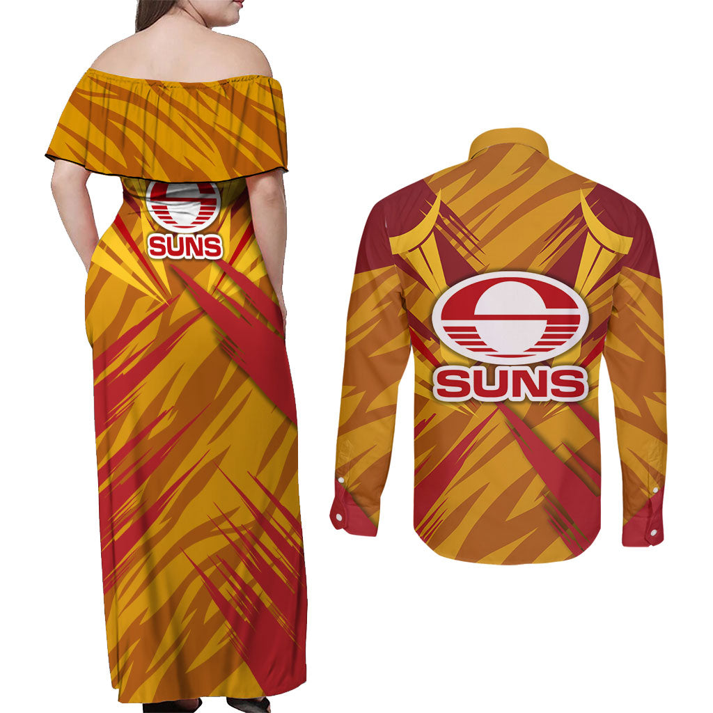 Gold Coast Suns Australian Football Couples Matching Off Shoulder Maxi Dress and Long Sleeve Button Shirt Heroic Solar Mascot - Bold Team Colors