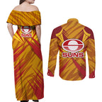 Gold Coast Suns Australian Football Couples Matching Off Shoulder Maxi Dress and Long Sleeve Button Shirt Heroic Solar Mascot - Bold Team Colors