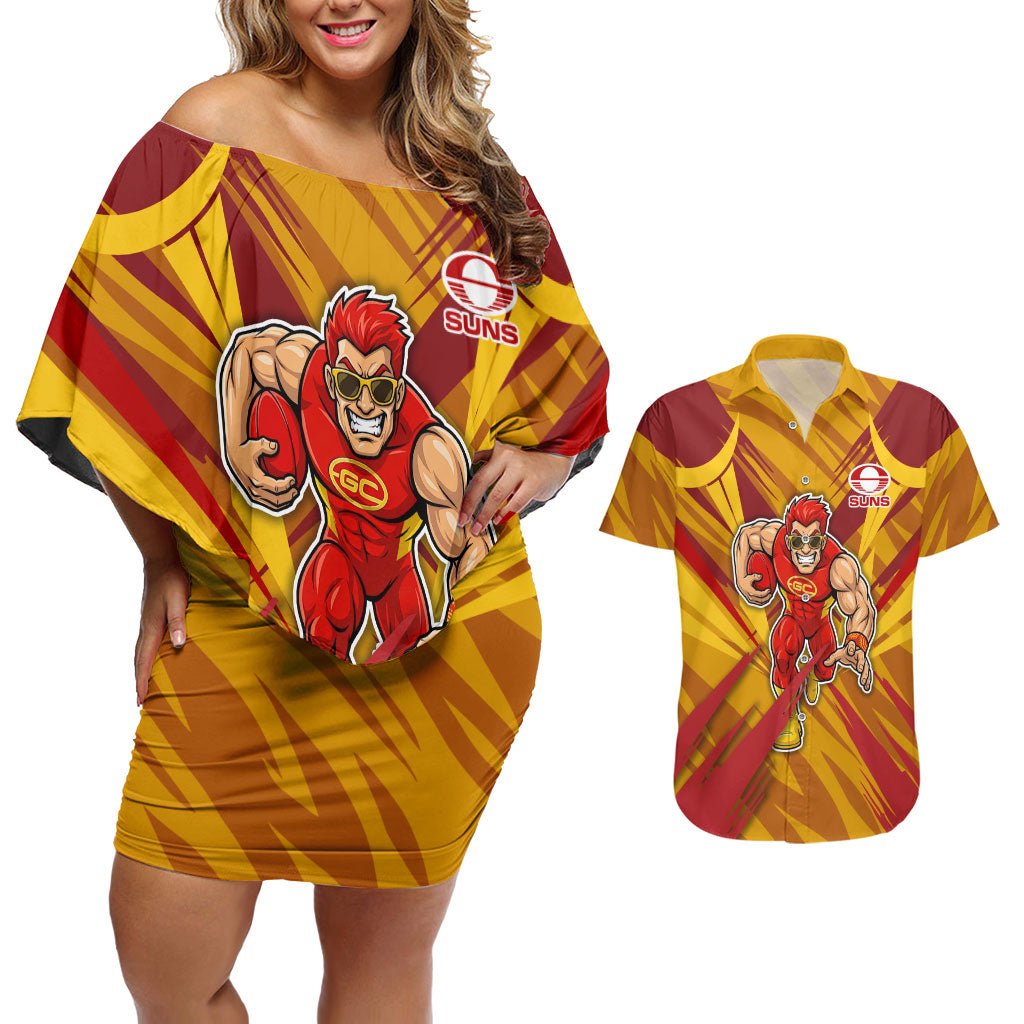 Gold Coast Suns Australian Football Couples Matching Off Shoulder Short Dress and Hawaiian Shirt Heroic Solar Mascot - Bold Team Colors