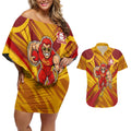 Gold Coast Suns Australian Football Couples Matching Off Shoulder Short Dress and Hawaiian Shirt Heroic Solar Mascot - Bold Team Colors